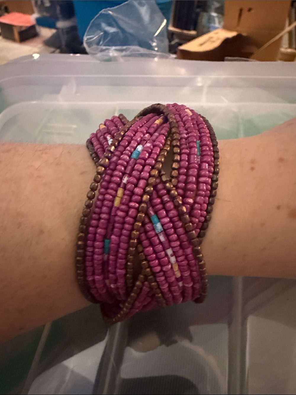 Braided Pink Seed Bead Bracelet with Bronze Accents